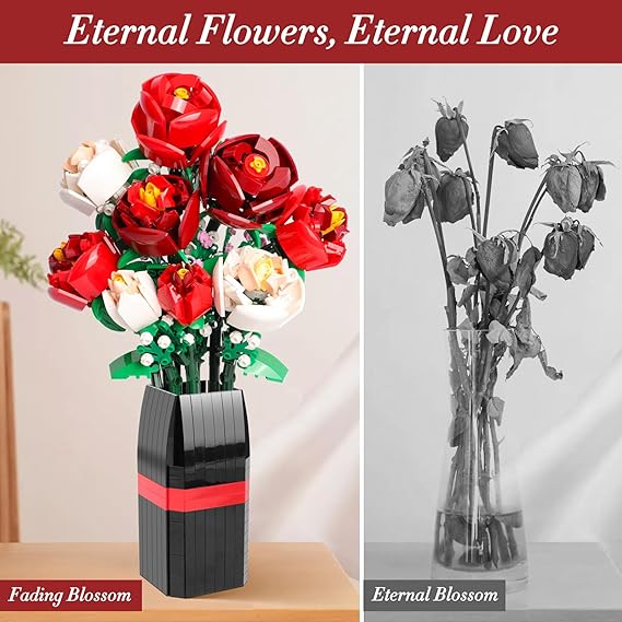 Flowers Bouquet Building Set with Vase, 818 PCS, Ideal Gift for Her & Him