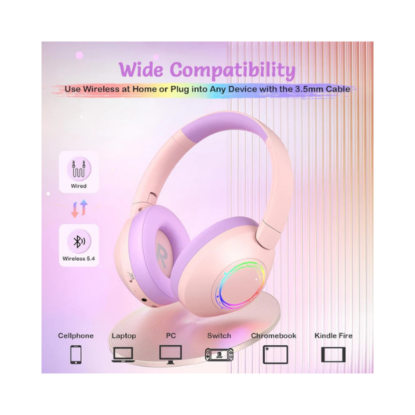 TONOSHARK Kids Noise Cancelling Headphones RGB LED 60H Bluetooth Pink