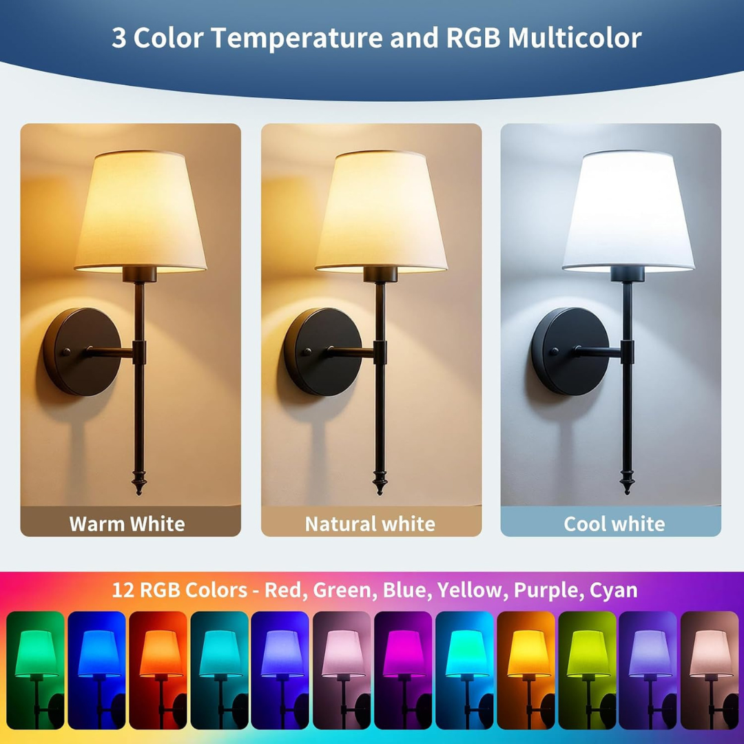 SoodMi Wireless Battery Wall Sconces Set of 2, RGB Dimmable, Brass Black