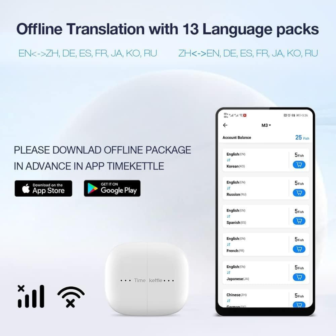 Timekettle M3 Translator Earbuds, Real-Time Voice Translation, White