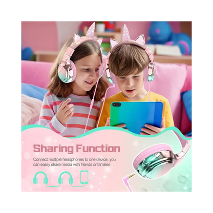 Fones de ouvido infantis QearFun Unicorn – Volume seguro, microfone, dobrável, rosa