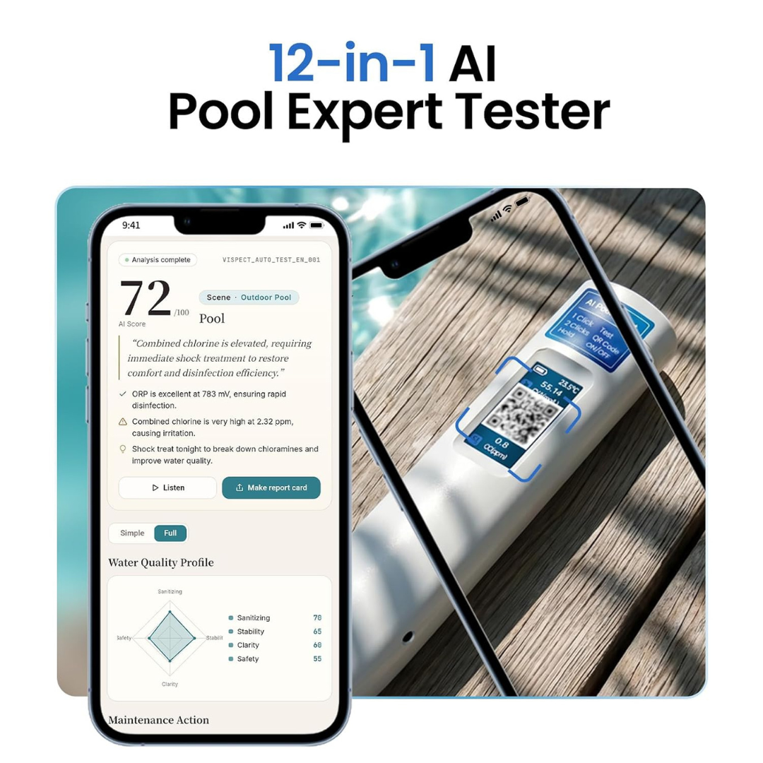 VISPECT 12-in-1 Digital Pool Water Tester with AI Salt & Chlorine Analysis