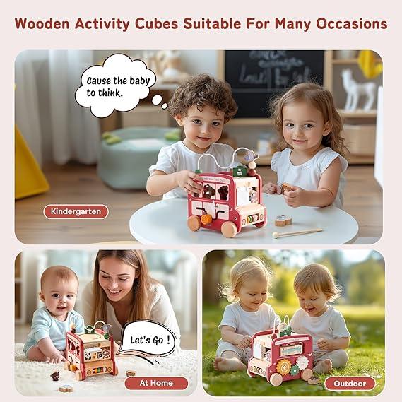 8-in-1 Wooden Montessori Activity Cube | Educational Travel Bus Toy - Logan's Toy Chest