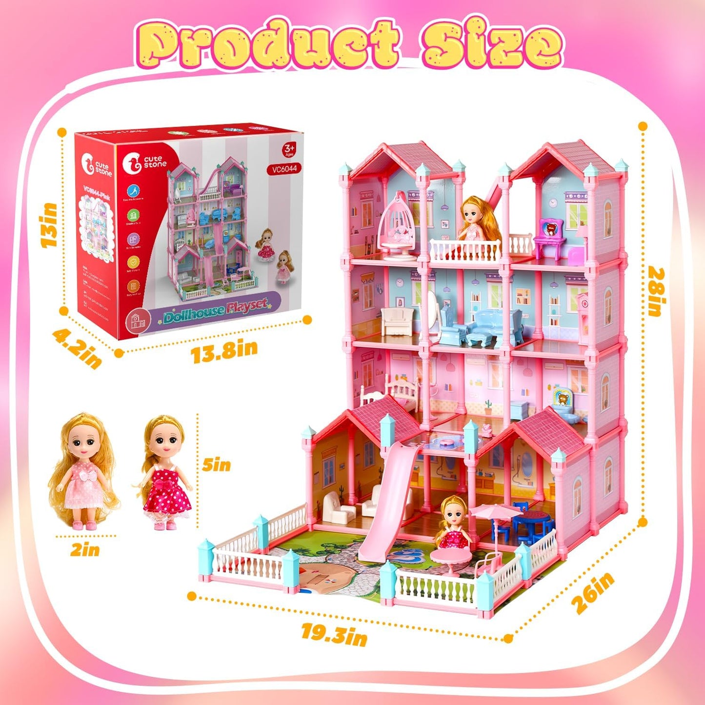 CUTE STONE 4-Story Dollhouse with 15 Rooms & Furniture Set for Girls