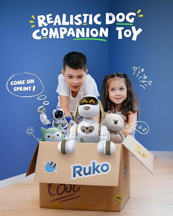 Ruko 18011 RC Robot Dog Toy, Smart Interactive Dancing, LED Eyes, Gold