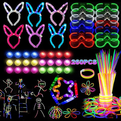 Glow in the Dark Party Pack 50 LED Toys & 210 Glow Sticks for Neon Parties