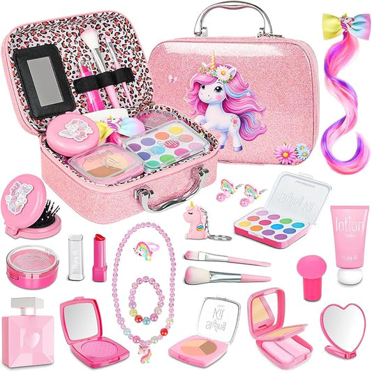 Kids Pretend Makeup Set – Unicorn Case, Jewelry & Brushes for Girls 3-8+