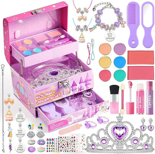 Kids Makeup Kit & Jewelry Box, Washable Cosmetics & DIY Jewelry Set