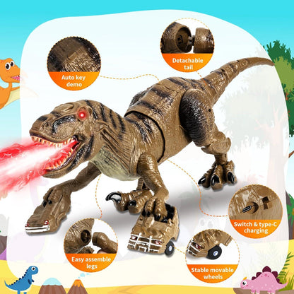 Remote Control Dinosaur Toy - Realistic T-Rex, 360° Sway, Mist, Roar, LED