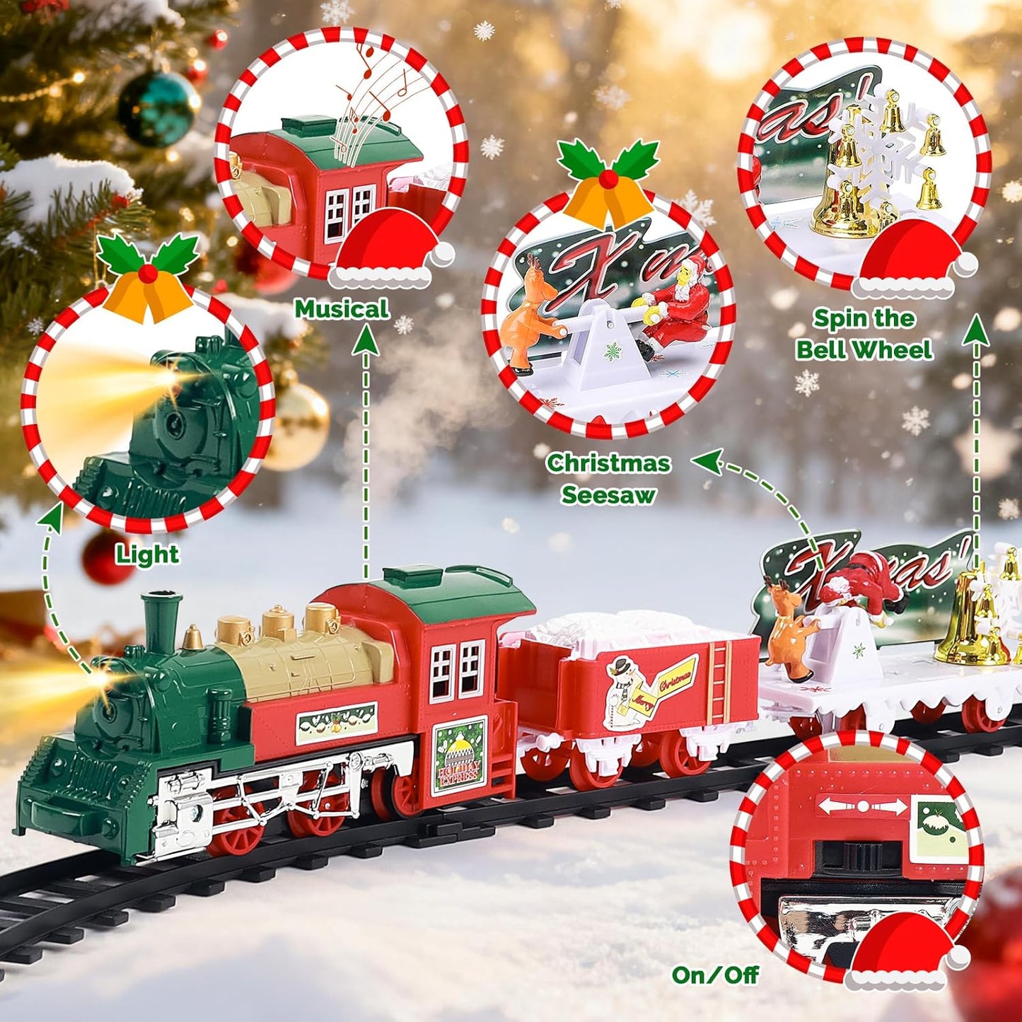 deAO Christmas Train Set with Lights & Sounds 4 Cars 12 Tracks Toy Gift