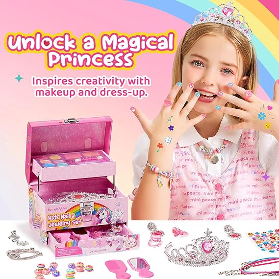 Kids Makeup Kit for Girls 4-12, Real Washable Cosmetics & DIY Jewelry Set