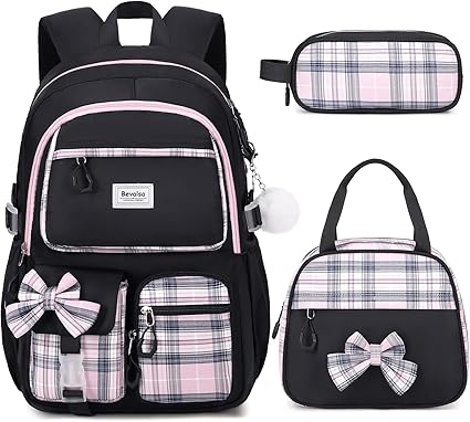 Bevalsa Girls' School Backpack Set – Bow Plaid Bookbag with Lunch Bag