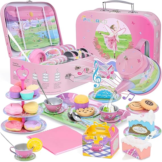 53-Piece Musical Kids Tea Party Set for Girls & Boys, Pretend Play Kitchen