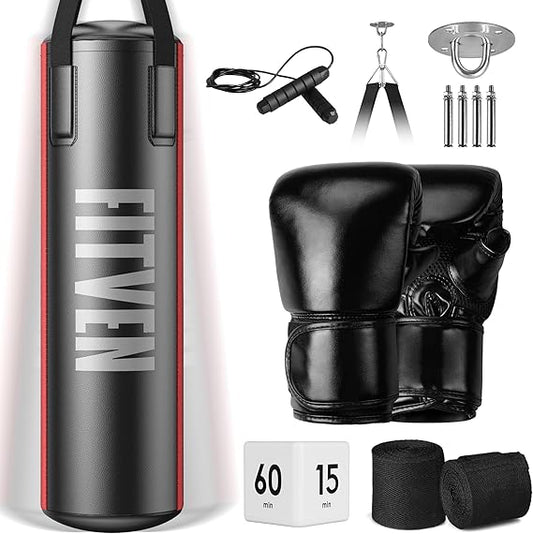 FITVEN 4FT Punching Bag with 12oz Gloves for Kickboxing & MMA Training