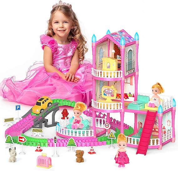 Mastom Princess Dollhouse with Car Track & 200+ Accessories - Pink Castle