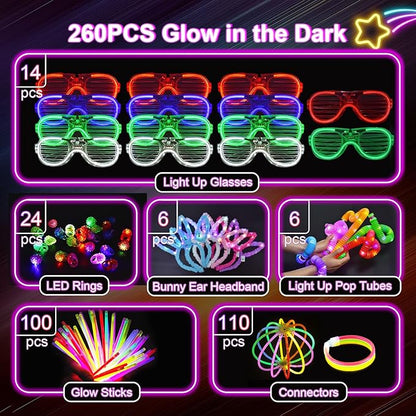 Glow in the Dark Party Pack 50 LED Toys & 210 Glow Sticks for Neon Parties