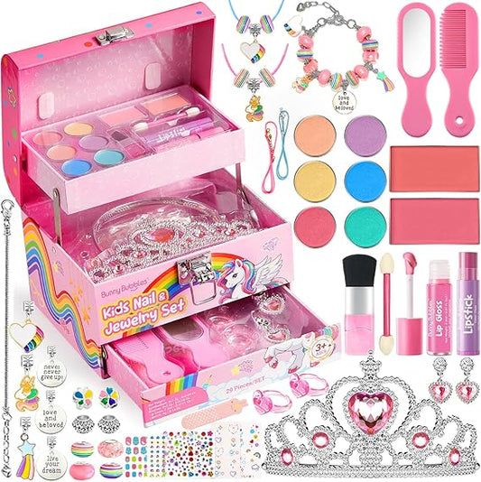 Kids Makeup Kit for Girls 4-12, Real Washable Cosmetics & DIY Jewelry Set