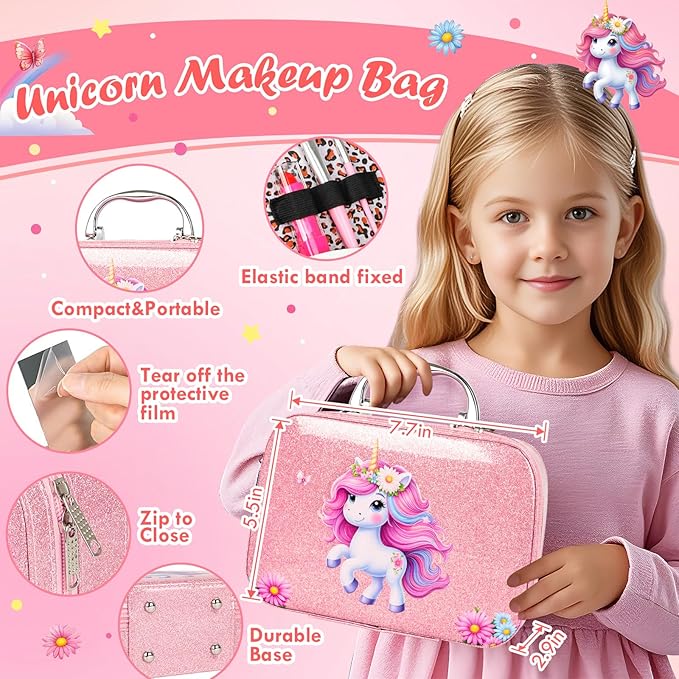 Kids Pretend Makeup Set – Unicorn Case, Jewelry & Brushes for Girls 3-8+