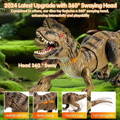 Remote Control Dinosaur Toy - Realistic T-Rex, 360° Sway, Mist, Roar, LED