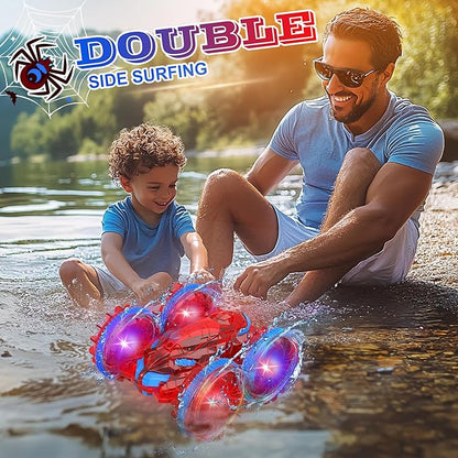 Spider Amphibious RC Car for Kids, Waterproof LED 4WD Stunt Car