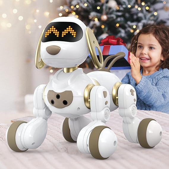 Ruko 18011 RC Robot Dog Toy, Smart Interactive Dancing, LED Eyes, Gold