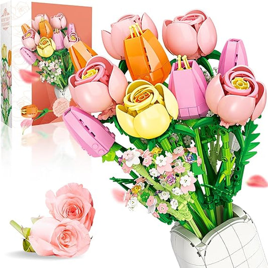 BOOZUU Flower Bouquet Building Set - 1011Pcs Pink Tulips & Roses with Vase