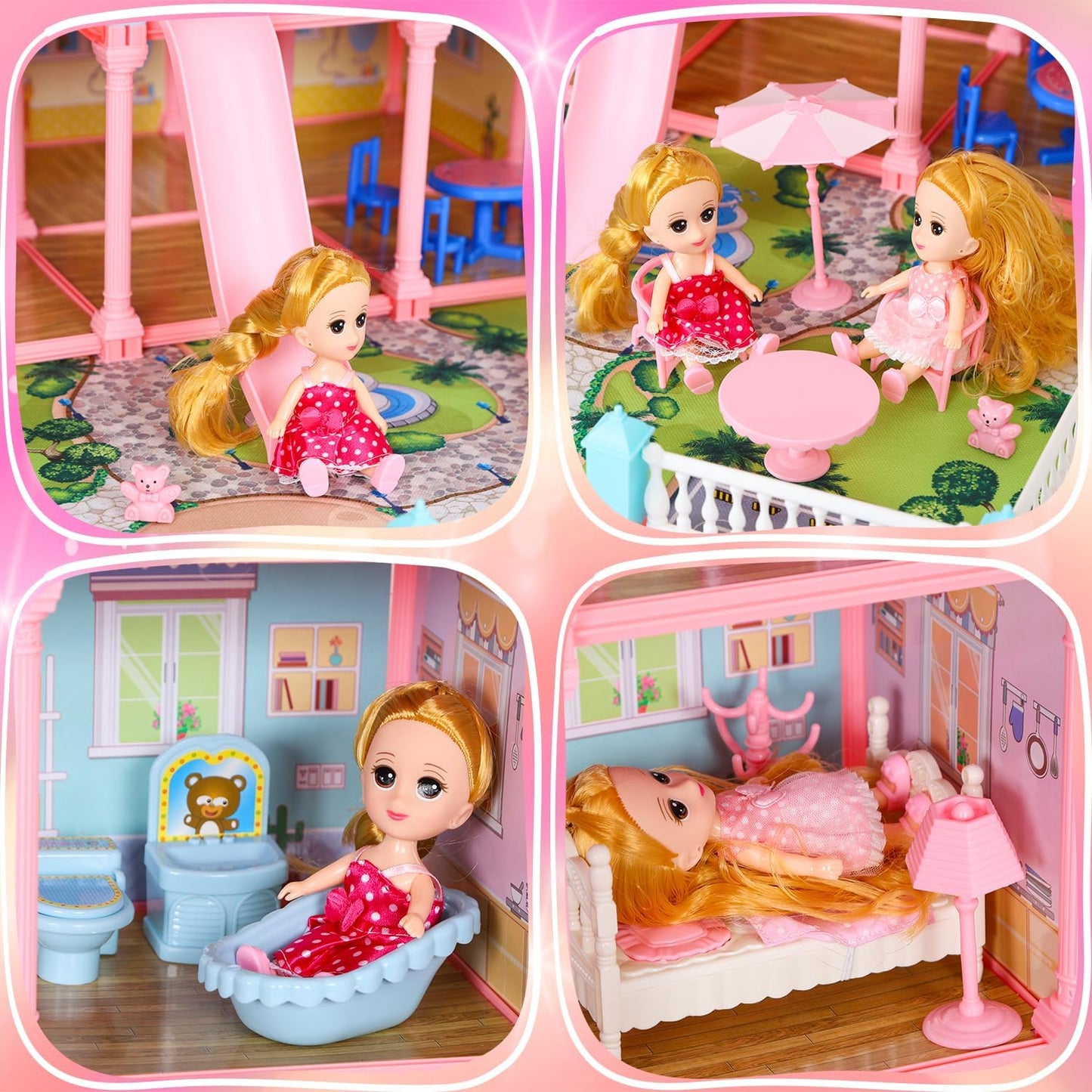 CUTE STONE 4-Story Dollhouse with 15 Rooms & Furniture Set for Girls