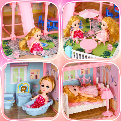 CUTE STONE 4-Story Dollhouse with 15 Rooms & Furniture Set for Girls