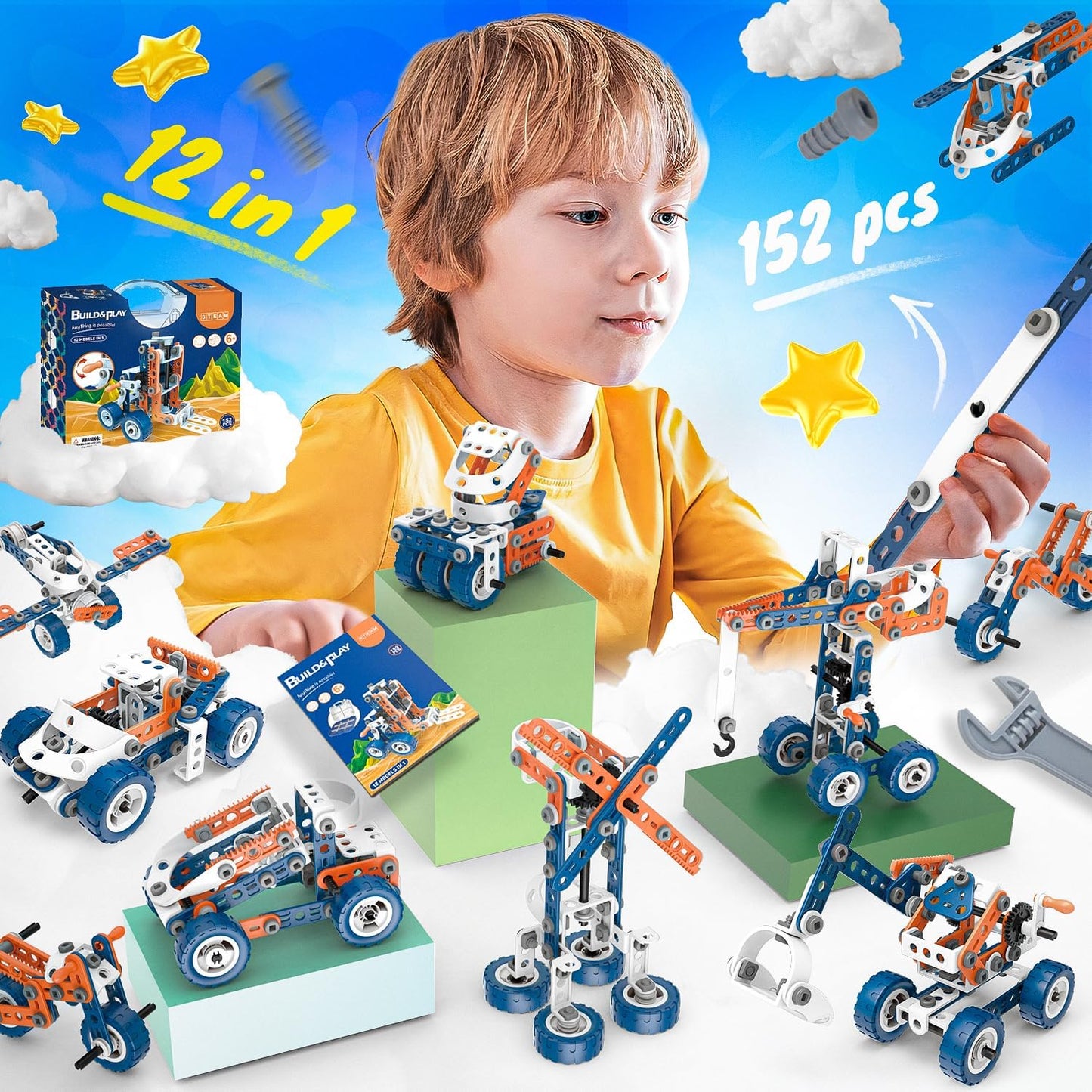 SMILESSKIDDO 12-in-1 STEM Building Toys 152 PCS for Kids Ages 4–8