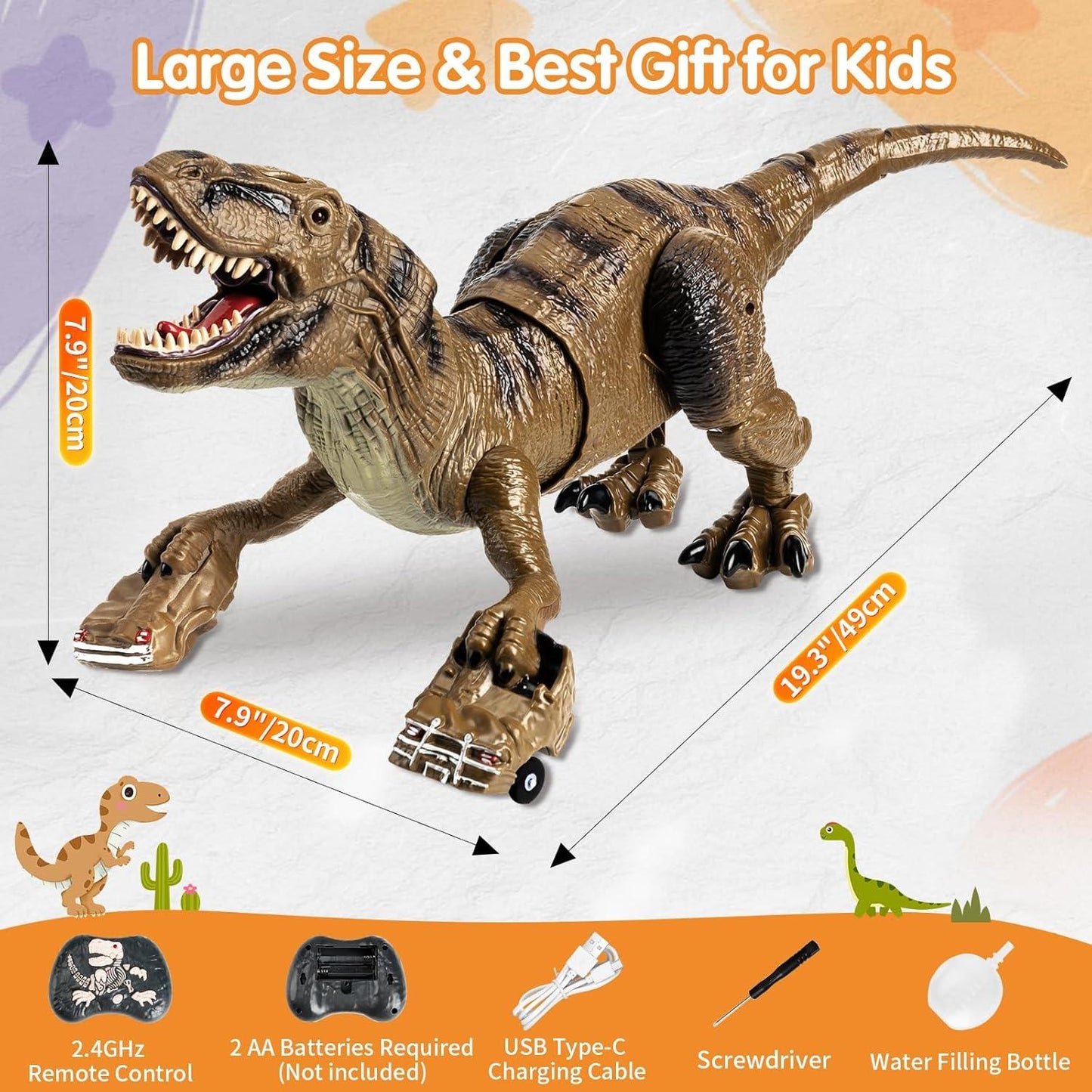 Remote Control Dinosaur Toy - Realistic T-Rex, 360° Sway, Mist, Roar, LED