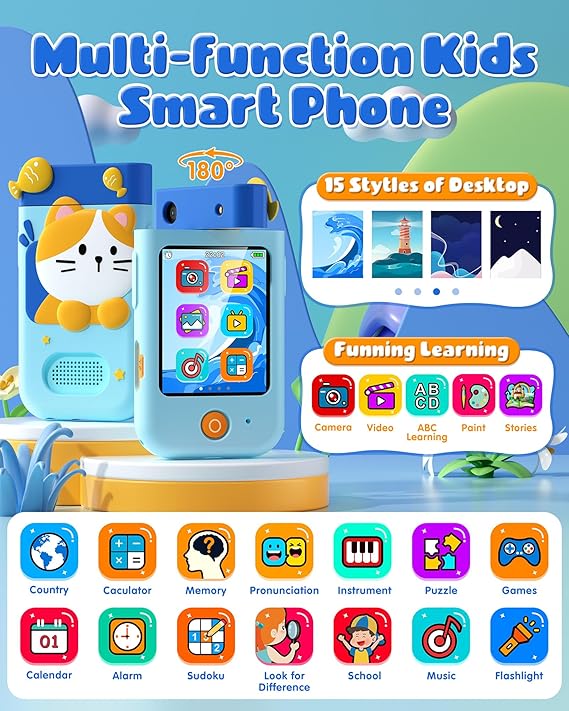 Kids Smart Phone Toy, Touchscreen Learning Phone with Camera, Games & Music