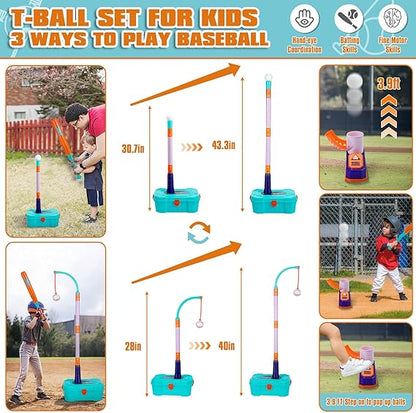 4-in-1 Toddler Basketball Hoop & T-Ball Set, Adjustable Pitching Machine