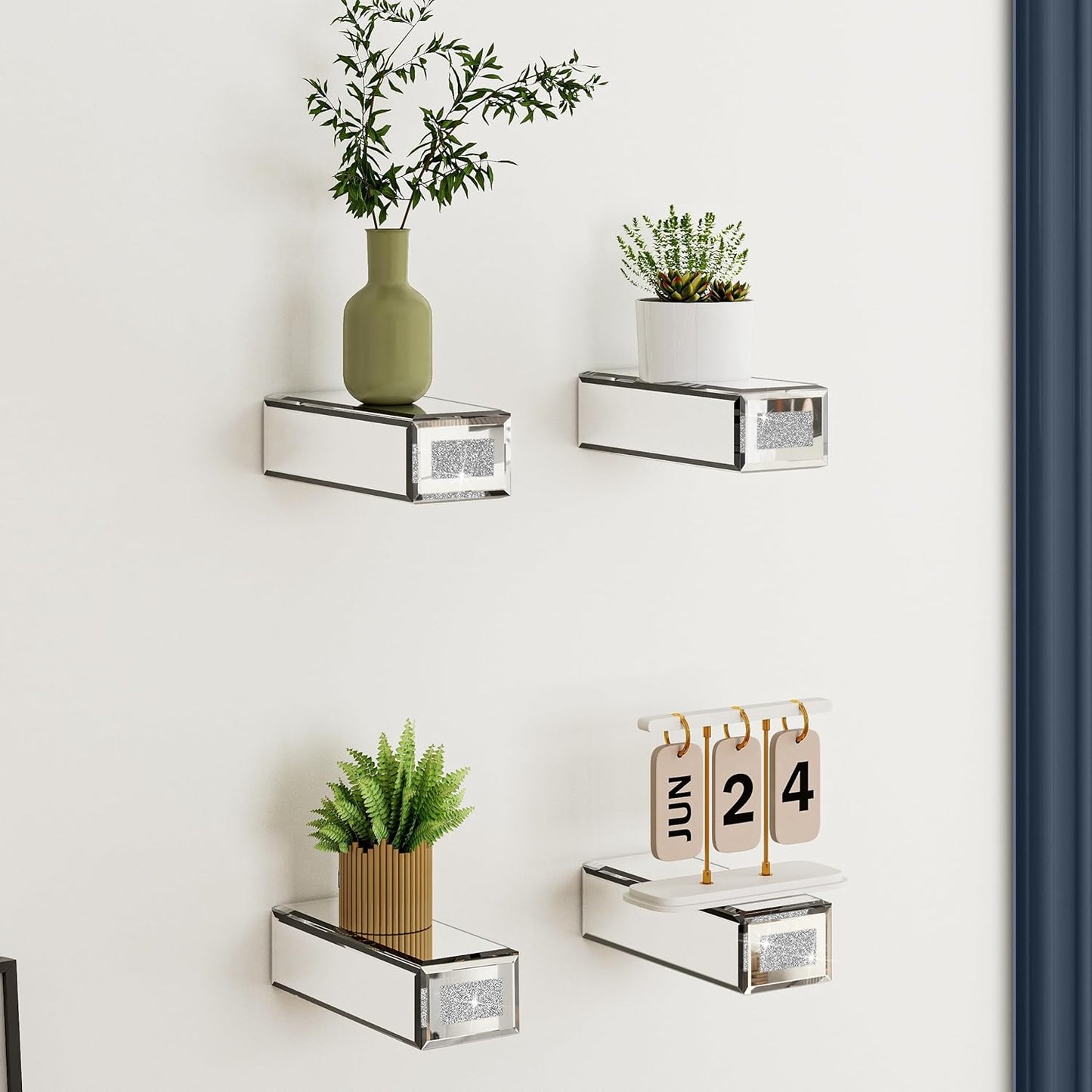 Blingworld Mirrored Floating Wall Shelves Set of 4 – Glass Display Silver