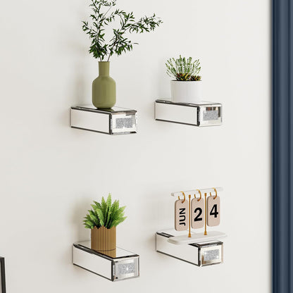 Blingworld Mirrored Floating Wall Shelves Set of 4 – Glass Display Silver