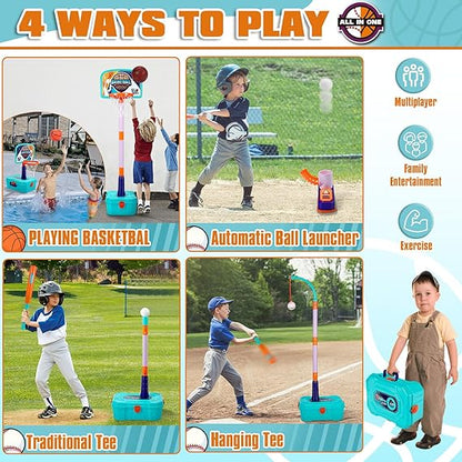 4-in-1 Toddler Basketball Hoop & T-Ball Set, Adjustable Pitching Machine