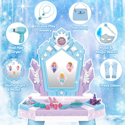 deAO Toddler Vanity Magic Makeup Table Set with Mirror & Music for Girls