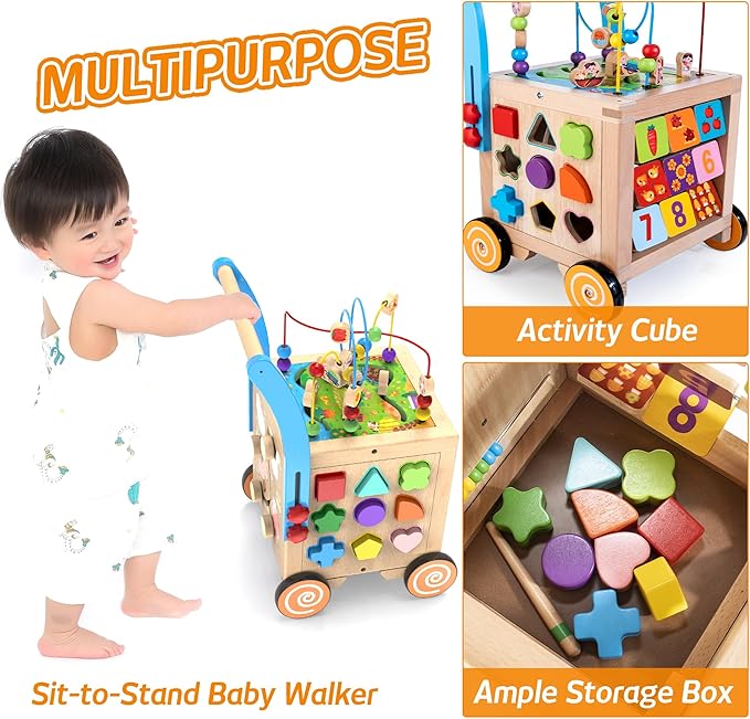 Wooden Baby Walker – 9-in-1 Montessori Activity Cube, Sit-to-Stand Toy