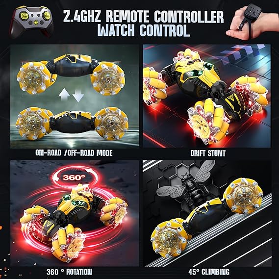 BEZGAR Double-Sided 360° RC Stunt Car – Gesture Controlled, LED Lights