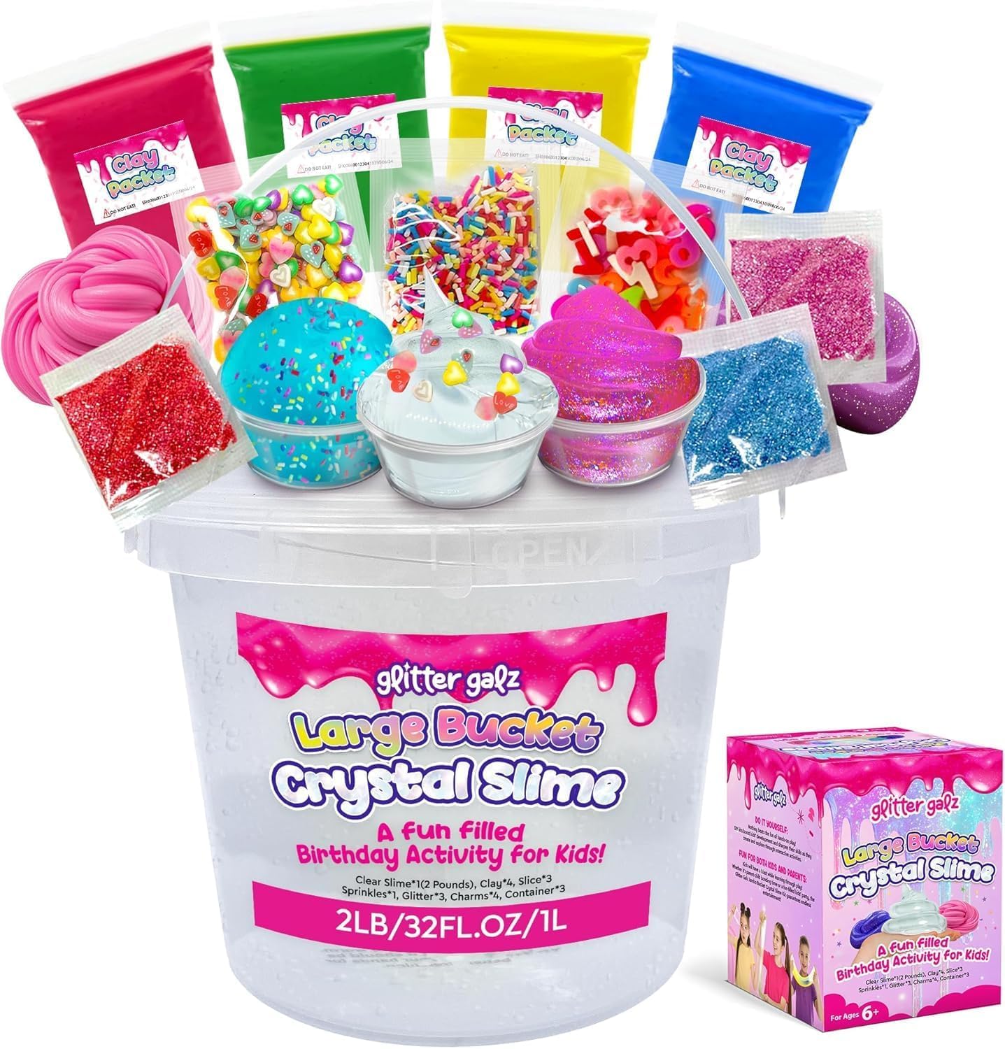 Glitter Galz 2LB Clear Crystal Slime Bucket for Kids with Charms Kit