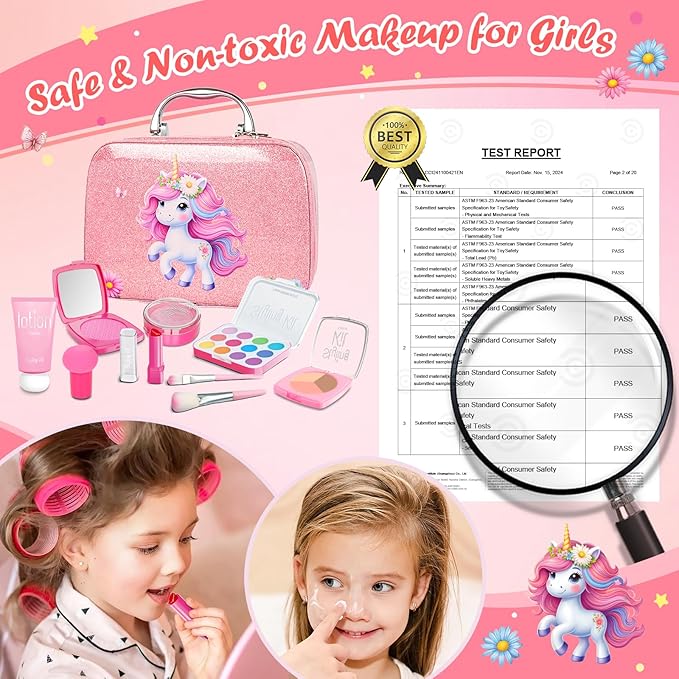 Kids Pretend Makeup Set – Unicorn Case, Jewelry & Brushes for Girls 3-8+