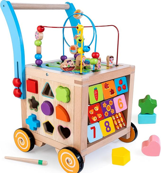 Wooden Baby Walker – 9-in-1 Montessori Activity Cube, Sit-to-Stand Toy