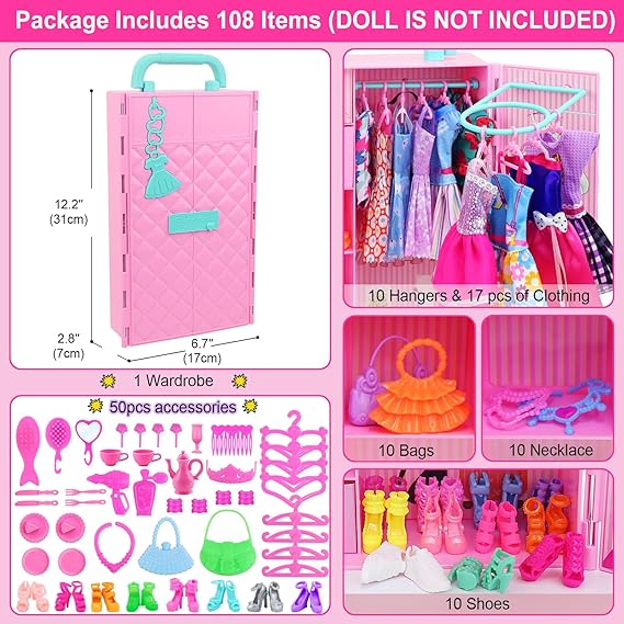 108Pcs Doll Closet Set with Dresses, Shoes, Accessories for 11.5" Dolls