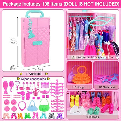 108Pcs Doll Closet Set with Dresses, Shoes, Accessories for 11.5" Dolls