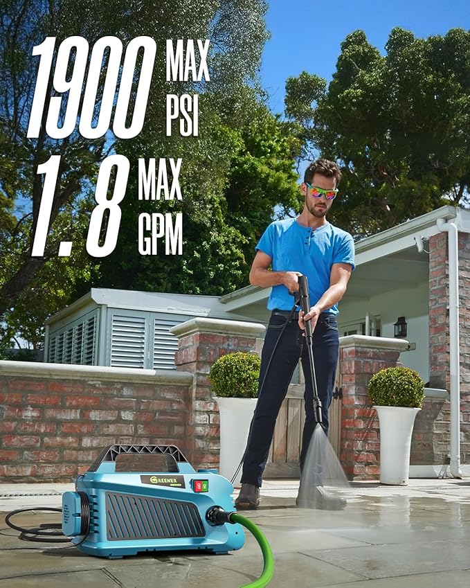 GREENER 1900 PSI Portable Electric Pressure Washer with Foam Cannon & Hose