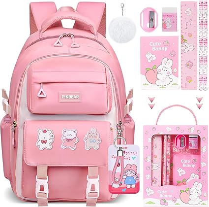 Fafeuai Cartoon School Backpack – Pink Girls' Bookbag with 12-Piece Set