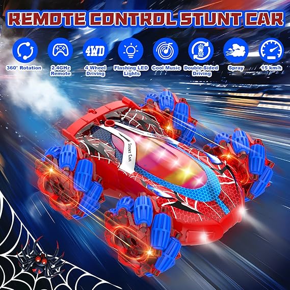 Spider 360° Stunt RC Car for Boys - 2.4GHz 4WD, Music, Lights & Spray