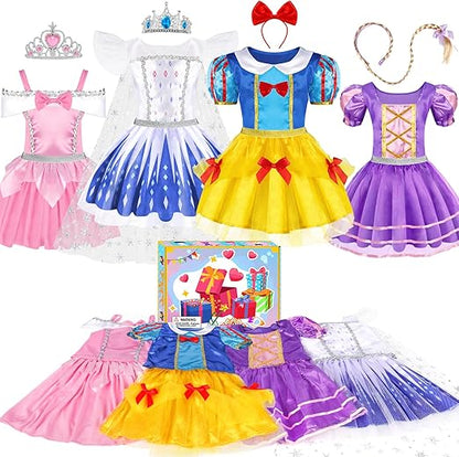 EULRGAUS Princess Dress Up Costume Set for Girls - 4 Themed Dresses & Toys