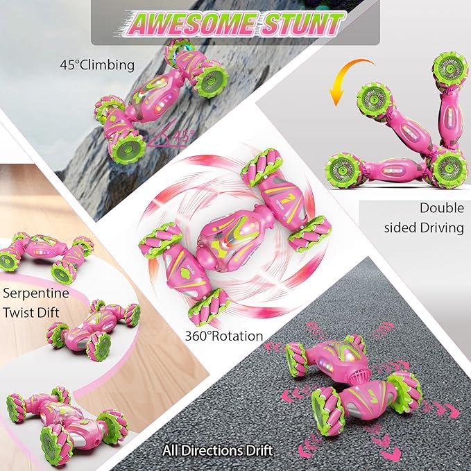 Nicella Pink Gesture Control RC Stunt Car 360° Rotating, 4WD, Light & Music