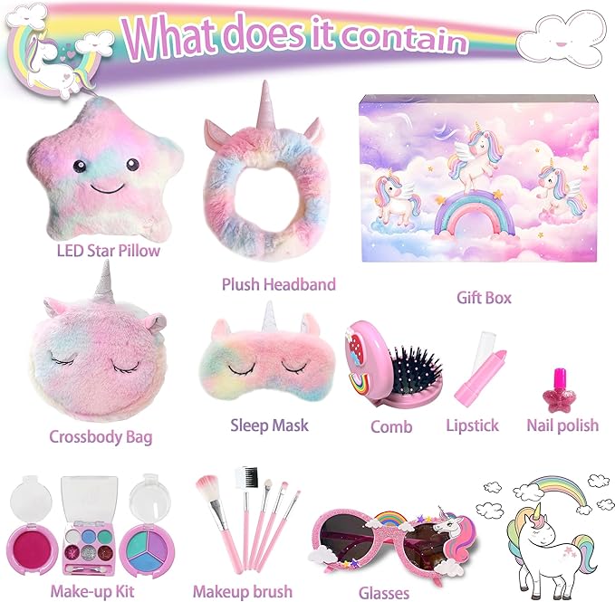 Diayiko Unicorn Gifts Set for Girls - Plush Pillow, Bag, Makeup & More!