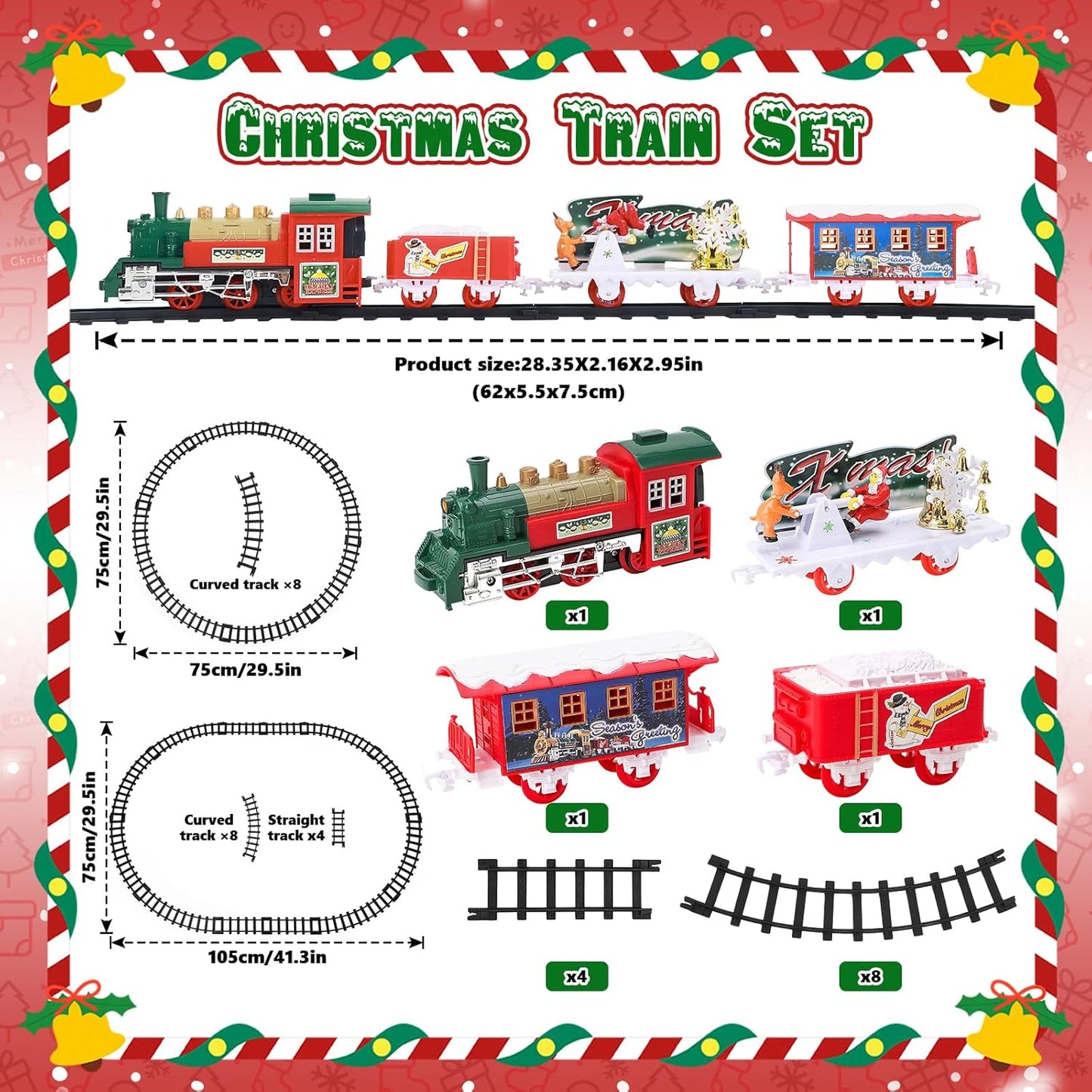 deAO Christmas Train Set with Lights & Sounds 4 Cars 12 Tracks Toy Gift